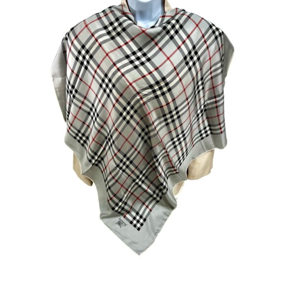 Burberrys 100% Silk Scarf 34" Nova Check Plaid Equestrian Knight Gray Black (61) - Picture 9 of 14